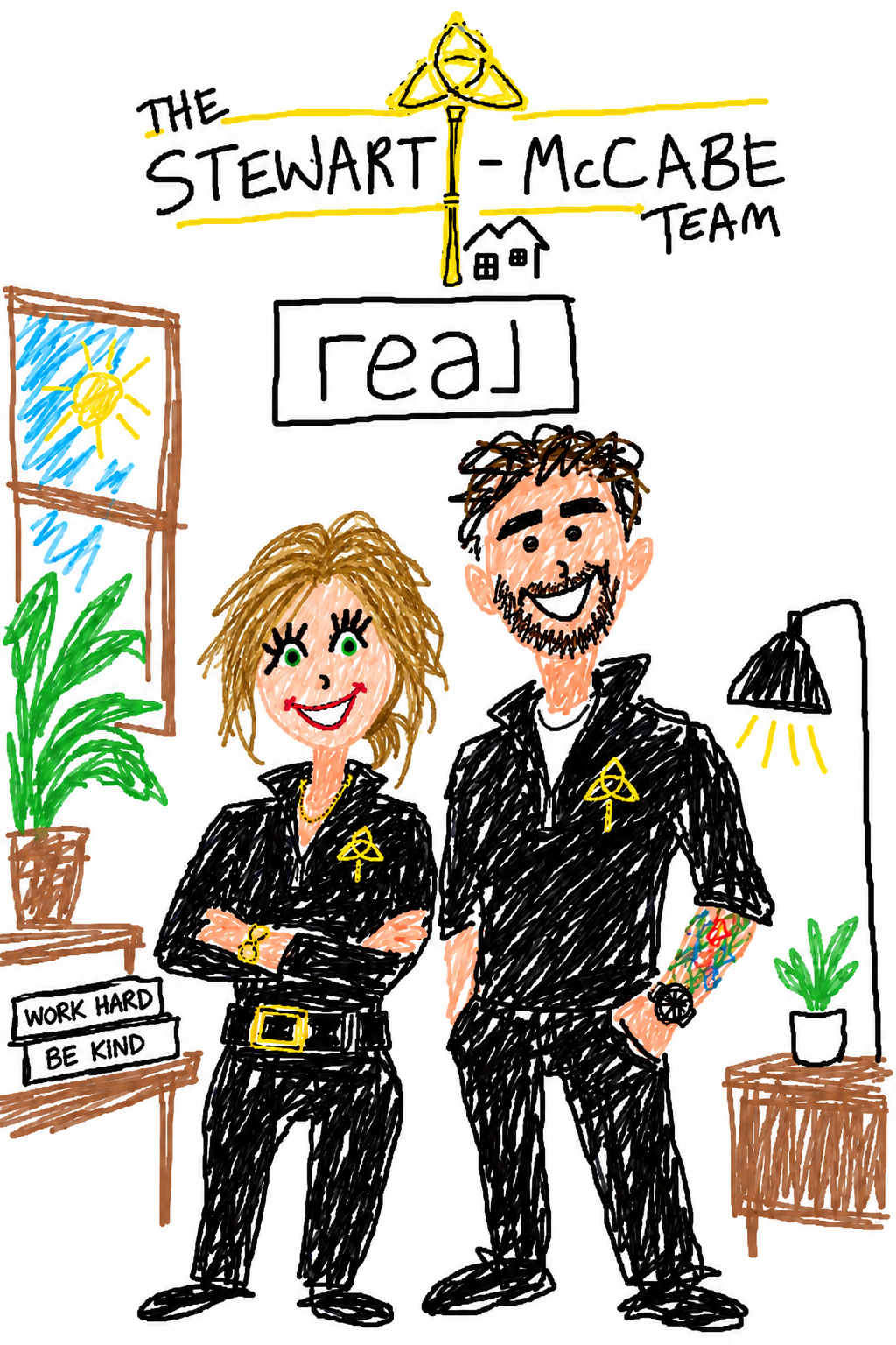 A hand-drawn illustration of Sue Stewart and Luc McCabe